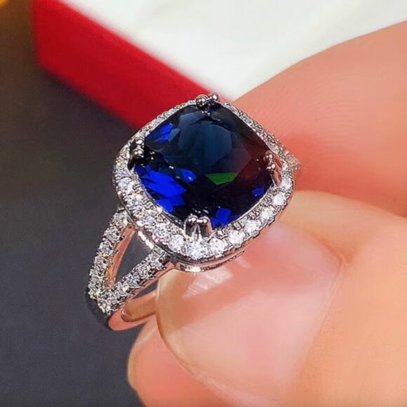 NEW 14k White Gold Blue Sapphire Diamond Ring Cushion Cut Ring - Picture 5 of 6
